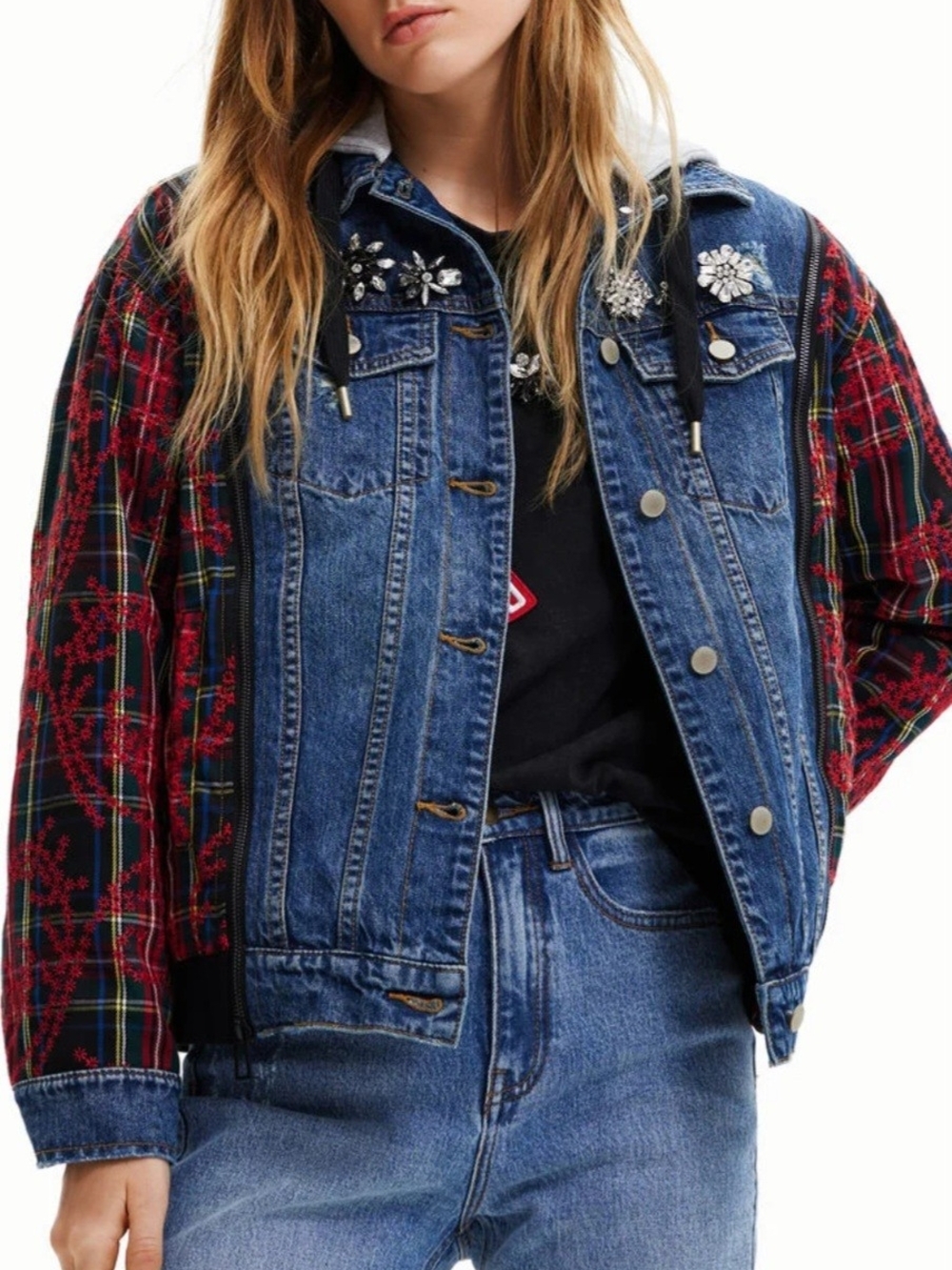 Desigual Blue Denim Jacket with Red Plaid Sleeves